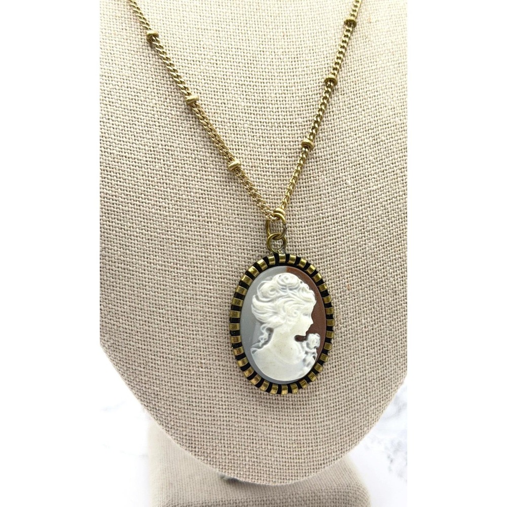 Gold Cameo Necklace Dual Tone Background Pendant 18" Vintage Style Portrait